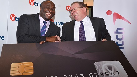 Charles Ifedi, Verve International CEO with Richard Coate Verve Country Manager (Kenya) hold a lifesize Verve card.